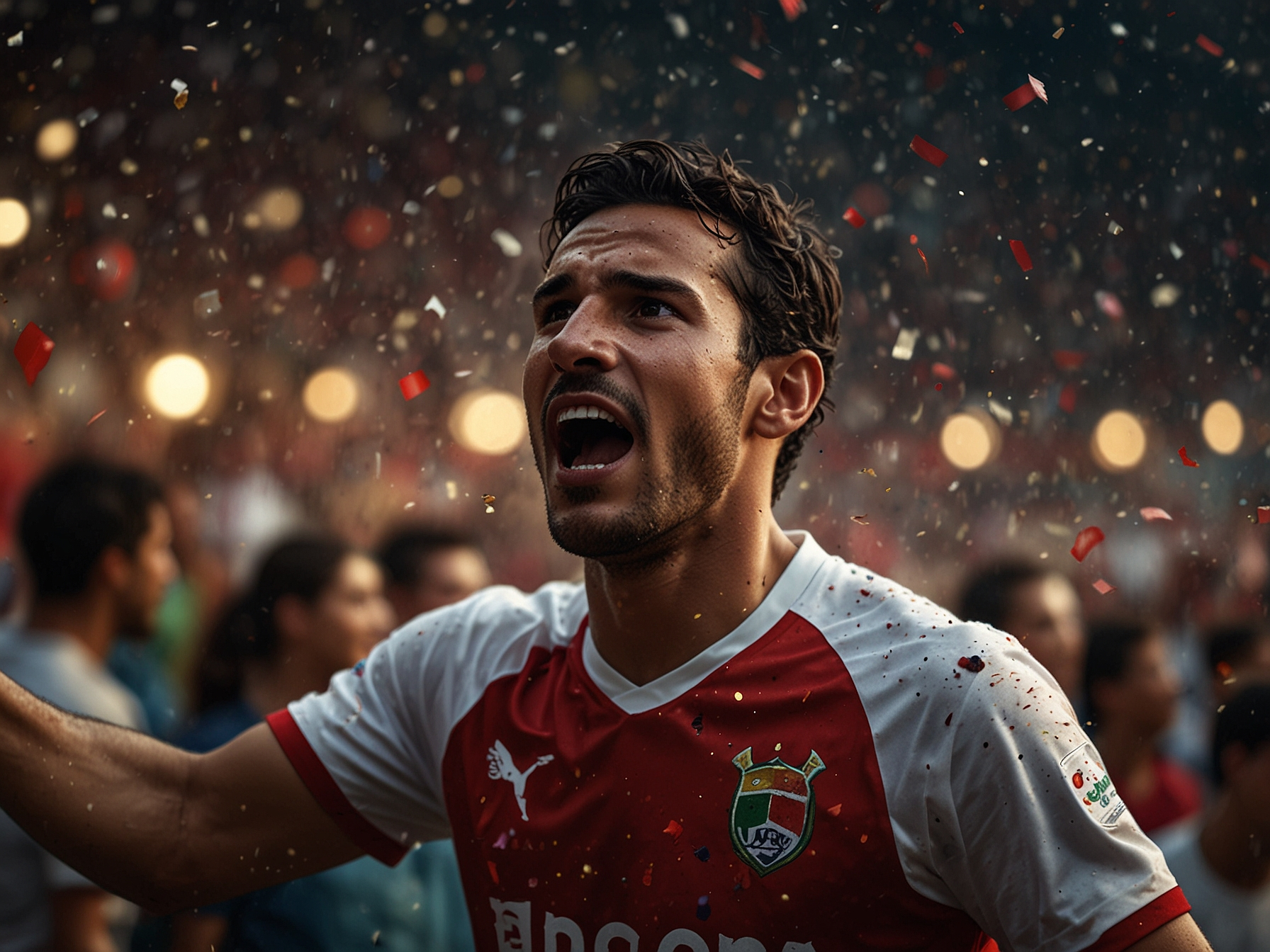 Jugador celebrando gol en estadio peruano